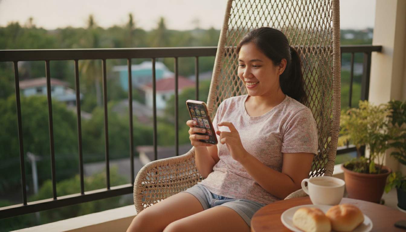 A woman from the Philippines playing online slots on her mobile device.