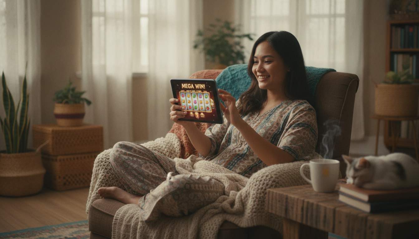 A woman enjoying online slots on her tablet